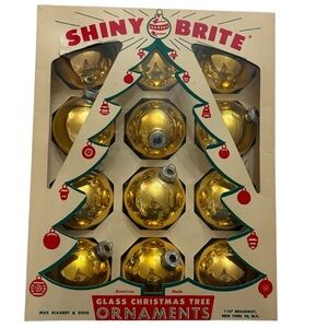 Shiny Brite Mid Century Gold Glass Christmas Tree Ornaments Set of 12 w/ Box